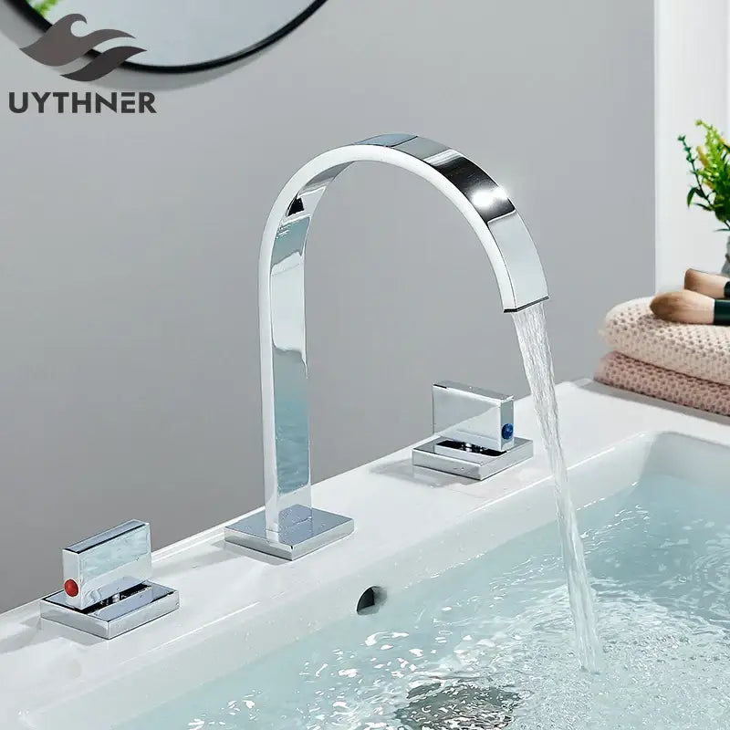 Modern chrome arched dual handle basin faucet with sleek waterfall spout decorbites dual handle bathroom mixer tap