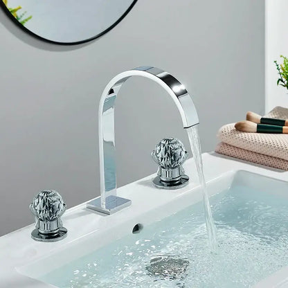 Modern chrome arched basin faucet with dual handle faceted crystal decorbites dual handle bathroom mixer tap