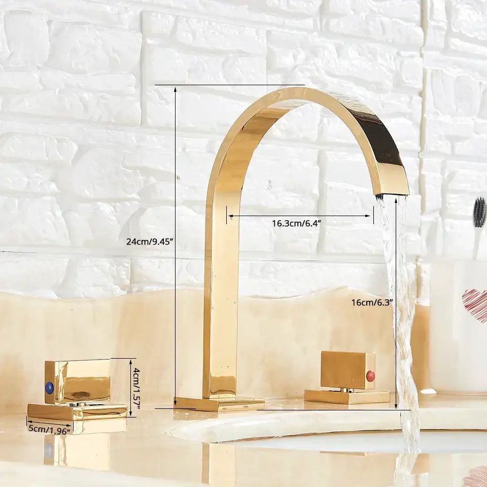 Gold-colored modern chrome arched dual handle basin faucet with blue and red accent stones for bathroom use