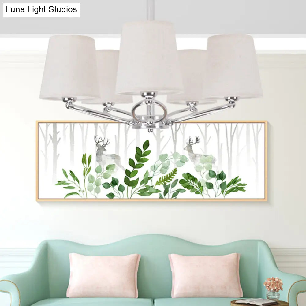 Lámpara de araña moderna cromada en forma de barril - Kit de lámpara colgante de tela de 5 luces para dormitorios