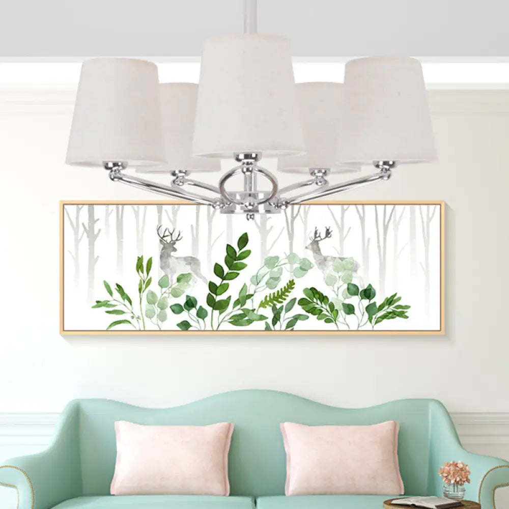 Lámpara de araña moderna cromada en forma de barril - Kit de lámpara colgante de tela de 5 luces para dormitorios