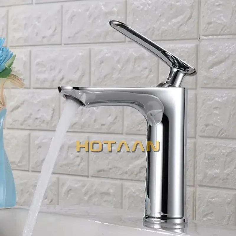 Modern chrome basin mixer faucet with sleek minimalist design and single lever mixer faucet handle for bathroom use