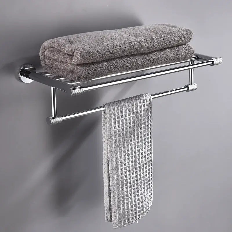Modern chrome bathroom essentials set featuring a chrome-finished double-tier towel rack with sleek design decorbites bathroom essentials
