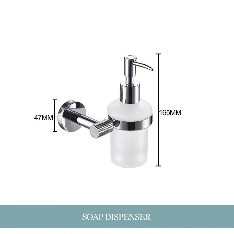 Chrome-finished wall-mounted soap dispenser with frosted glass body and textured knob from decorbites bathroom essentials set