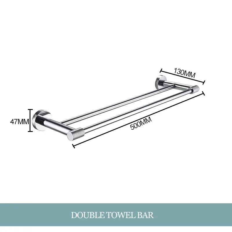 Modern chrome bathroom essentials set featuring a chrome-finished double towel bar with textured end caps from decorbites bathroom essentials
