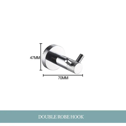 Modern chrome double robe hook with textured knurled surfaces from decorbites bathroom essentials set