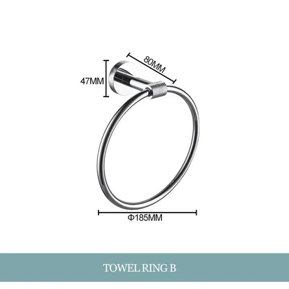 Stainless steel towel ring with sleek circular design and brushed finish from decorbites bathroom essentials set