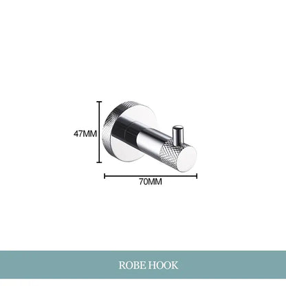 Modern chrome decorbites bathroom essentials set robe hook with textured knurled grip on mounting plate and handle