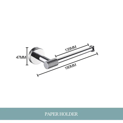 Modern chrome metal toilet paper holder with textured grip handle in decorbites bathroom essentials set