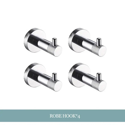 Set of four sleek chrome robe hooks with textured circular bases and diamond grip from decorbites bathroom essentials set