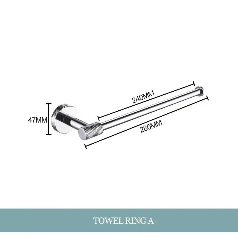 Silver stainless steel towel ring with textured grip in modern chrome bathroom essentials set by DecorBites bathroom essentials