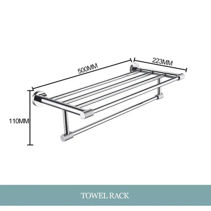A sleek double-tiered towel rack with polished chrome finish and textured knobs from decorbites bathroom essentials set