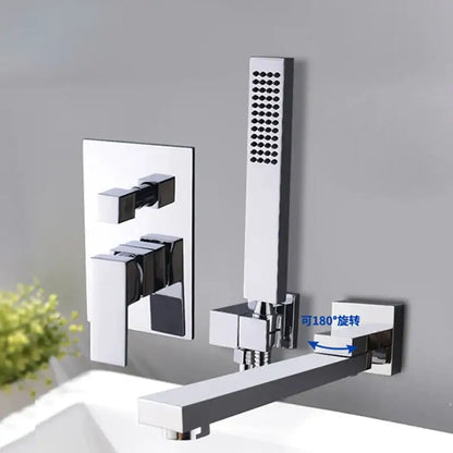 Modern chrome bathtub faucet mixer with waterfall spout and rectangular wall-mounted faucet mixer with handheld showerhead