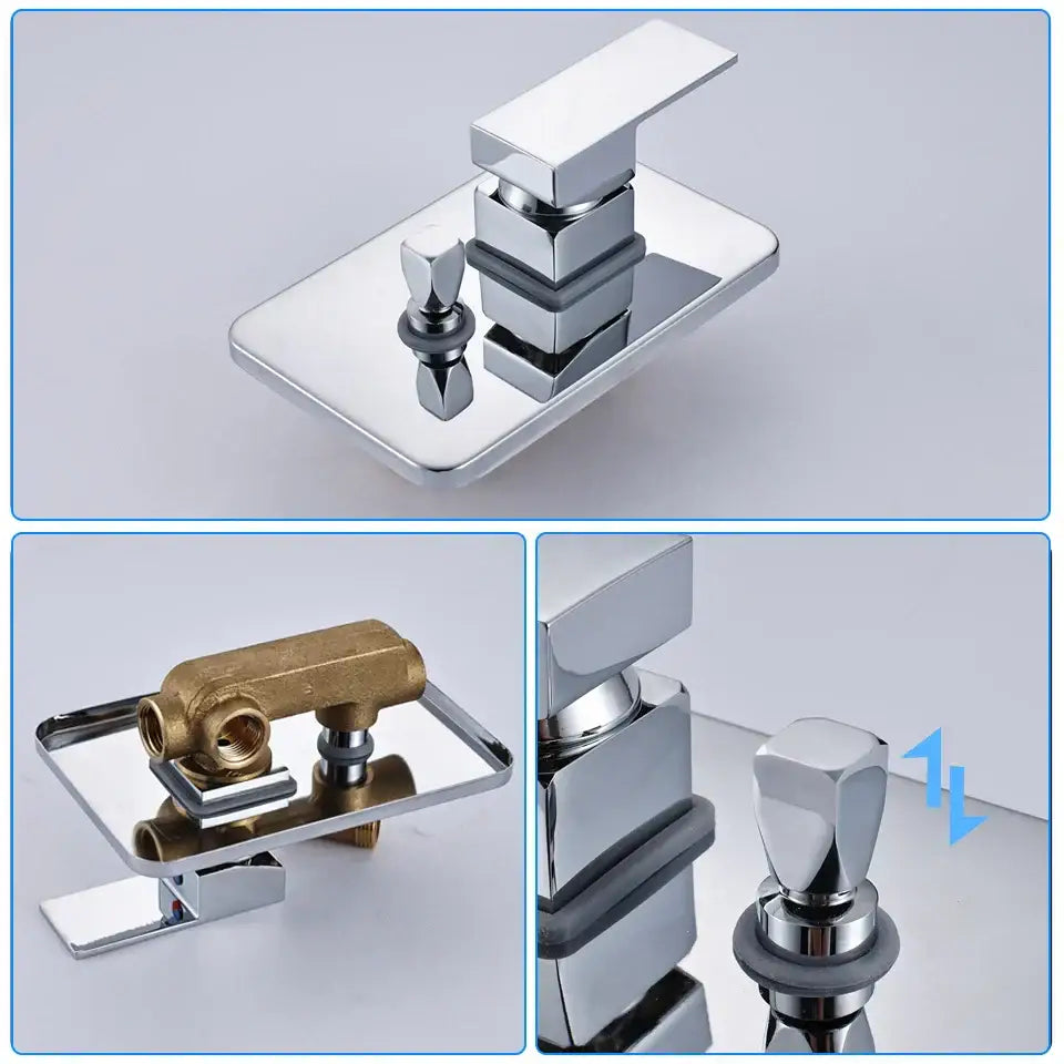 Modern chrome bathtub faucet mixer with sleek geometric design and brass valve components for bathroom use