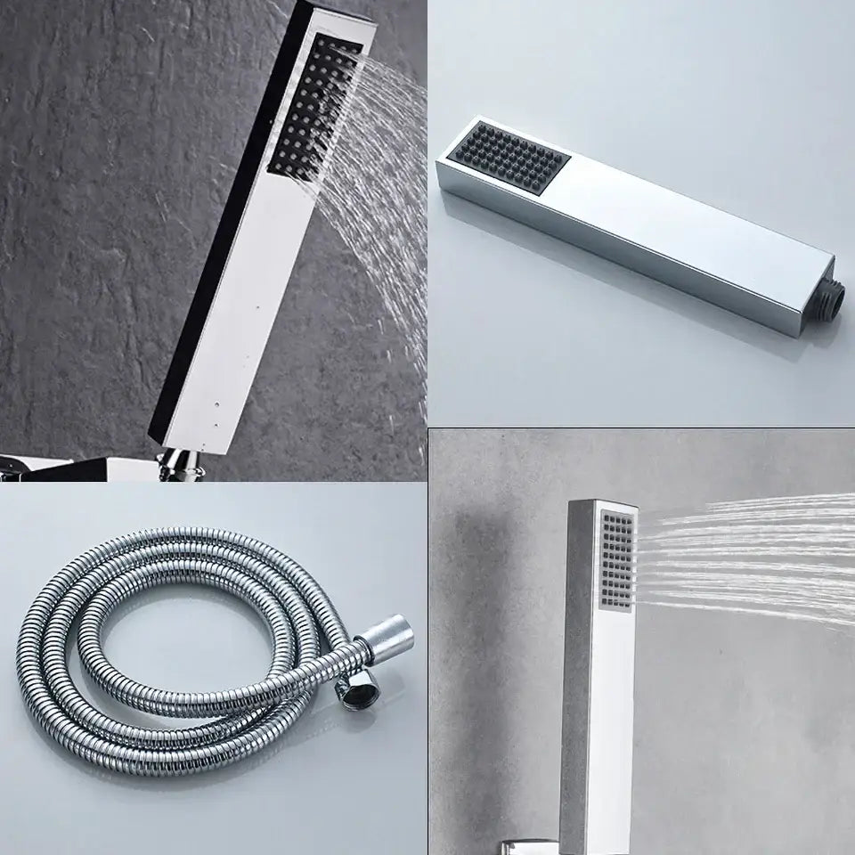 Modern chrome bathtub faucet mixer with waterfall spout and rectangular showerhead featuring black accent panel