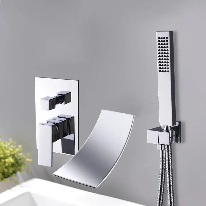Modern chrome bathtub faucet mixer with waterfall spout and handheld showerhead for bathroom wall mounting