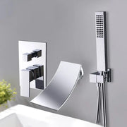 Modern chrome bathtub faucet mixer with waterfall spout and matching rectangular control panel for bathroom use