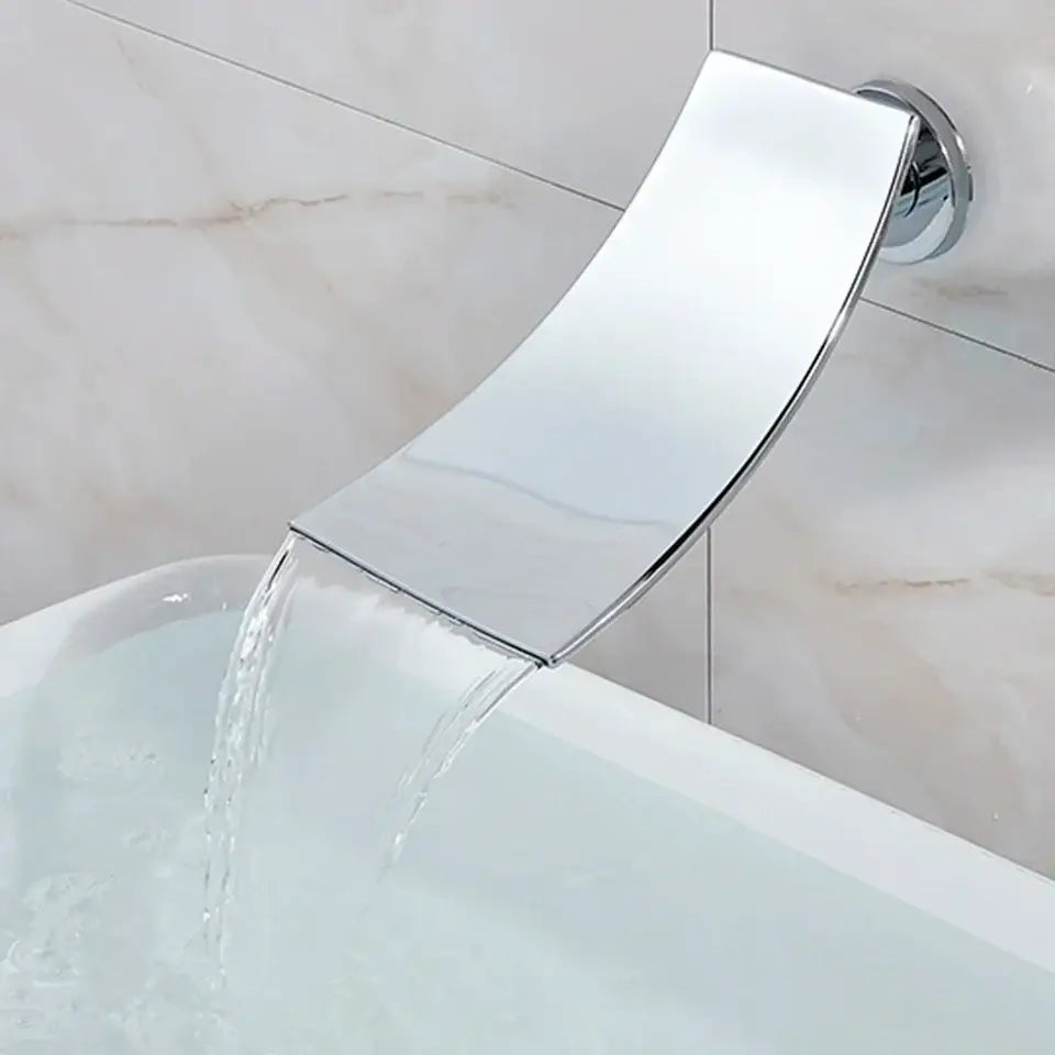 Modern chrome bathtub faucet mixer with waterfall spout featuring a sleek curved chrome-finished faucet mixer design