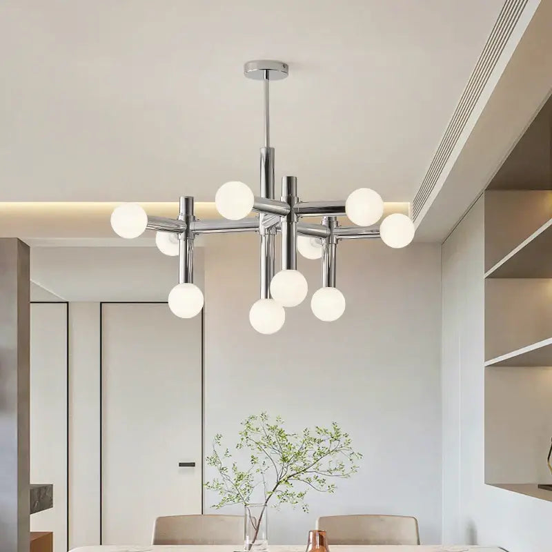 Modern chrome bauhaus glass hanging ceiling lamp with multiple spherical white glass bulbs for living room ceiling lamps