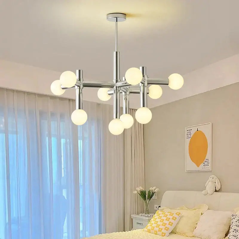 Modern chrome bauhaus glass hanging ceiling lamps featuring multiple spherical frosted glass bulbs for living room