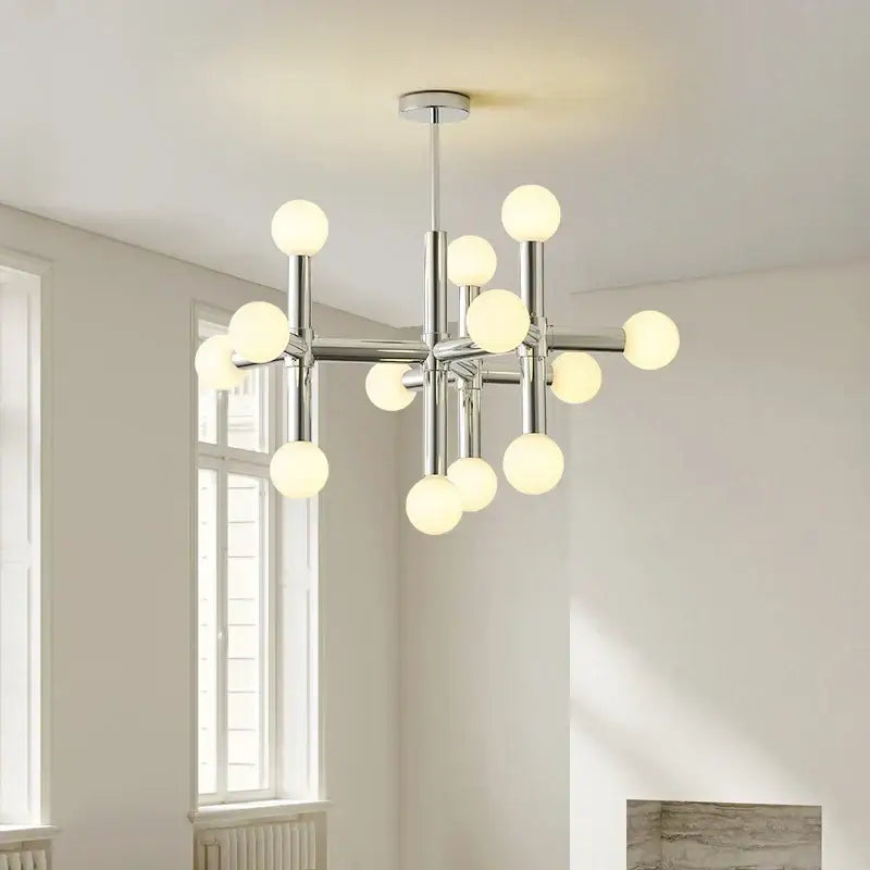 Modern chrome bauhaus glass hanging ceiling lamps with frosted globe bulbs in geometric branching design for living room