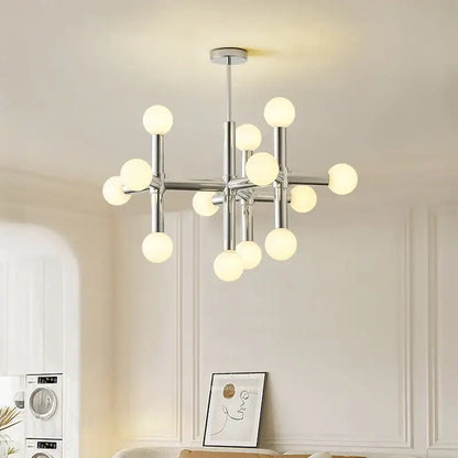 Modern chrome bauhaus glass hanging ceiling lamps with frosted globe bulbs in a geometric branching design for living room