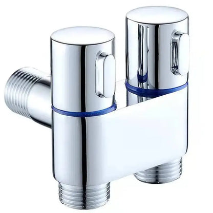 Modern chrome bidet faucet set with dual handles and blue accent rings for bathroom use with sleek design