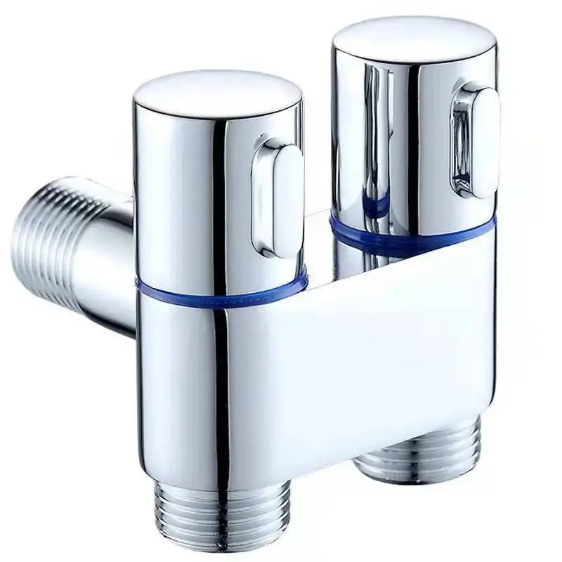 Modern chrome bidet faucet set with dual handles and blue accent rings for bathroom use with sleek design