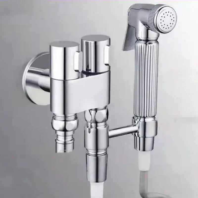 Modern chrome bidet faucet set with blue accents featuring a dual-handle design and integrated handheld showerhead