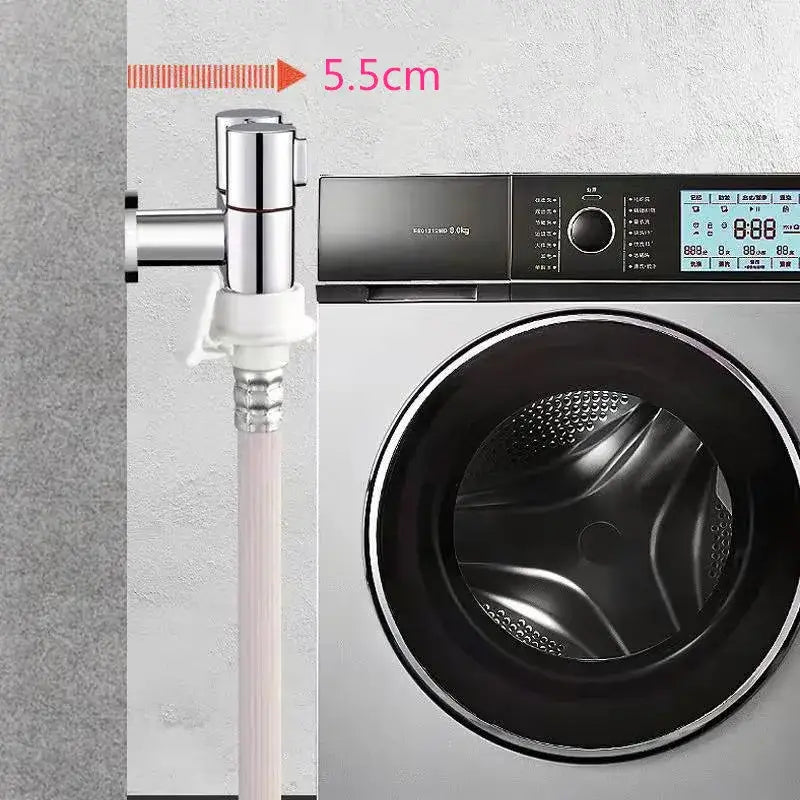 Modern chrome bidet faucet set with silver finish, white plastic base, and hose attached to a front-loading washer