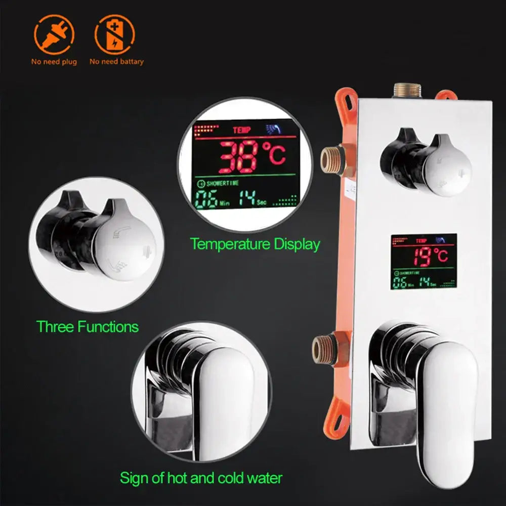 White digital shower faucet temperature control panel with chrome handles and orange brackets for big rainfall shower