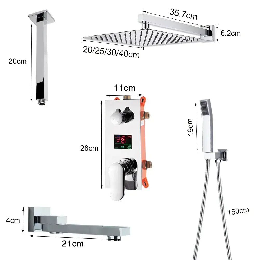 Modern chrome big rainfall shower faucet with square rainhead handheld spray and digital temperature control panel