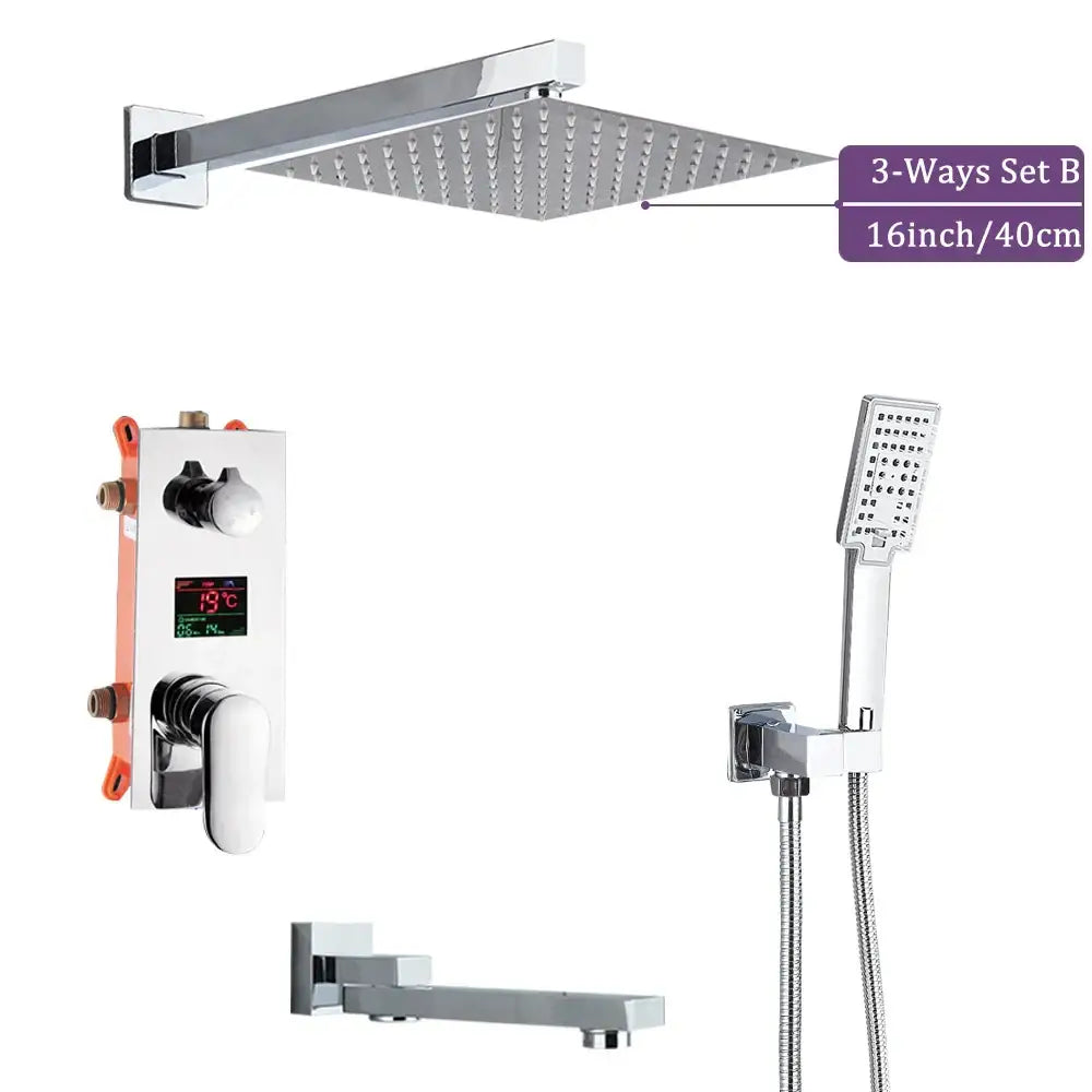 Modern chrome big rainfall shower faucet with 16-inch chrome finished rainfall showerhead featuring multiple spray nozzles