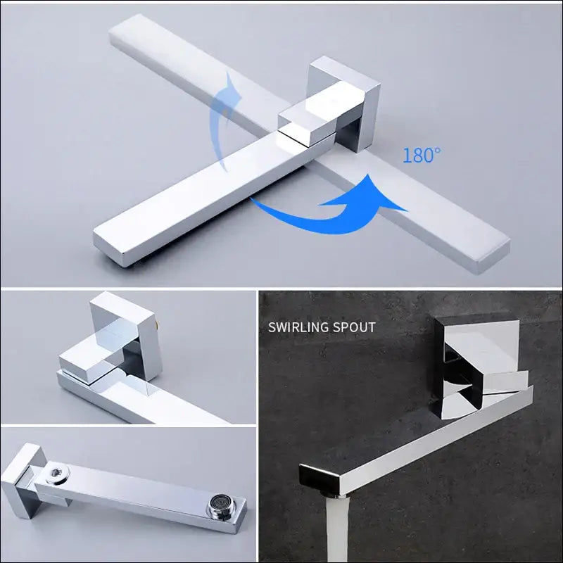Modern chrome big rainfall shower faucet with a sleek angular chrome-finished faucet and swirled spout design