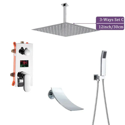 Modern chrome big rainfall shower faucet with a 12-inch square rainfall showerhead featuring a sleek grid pattern