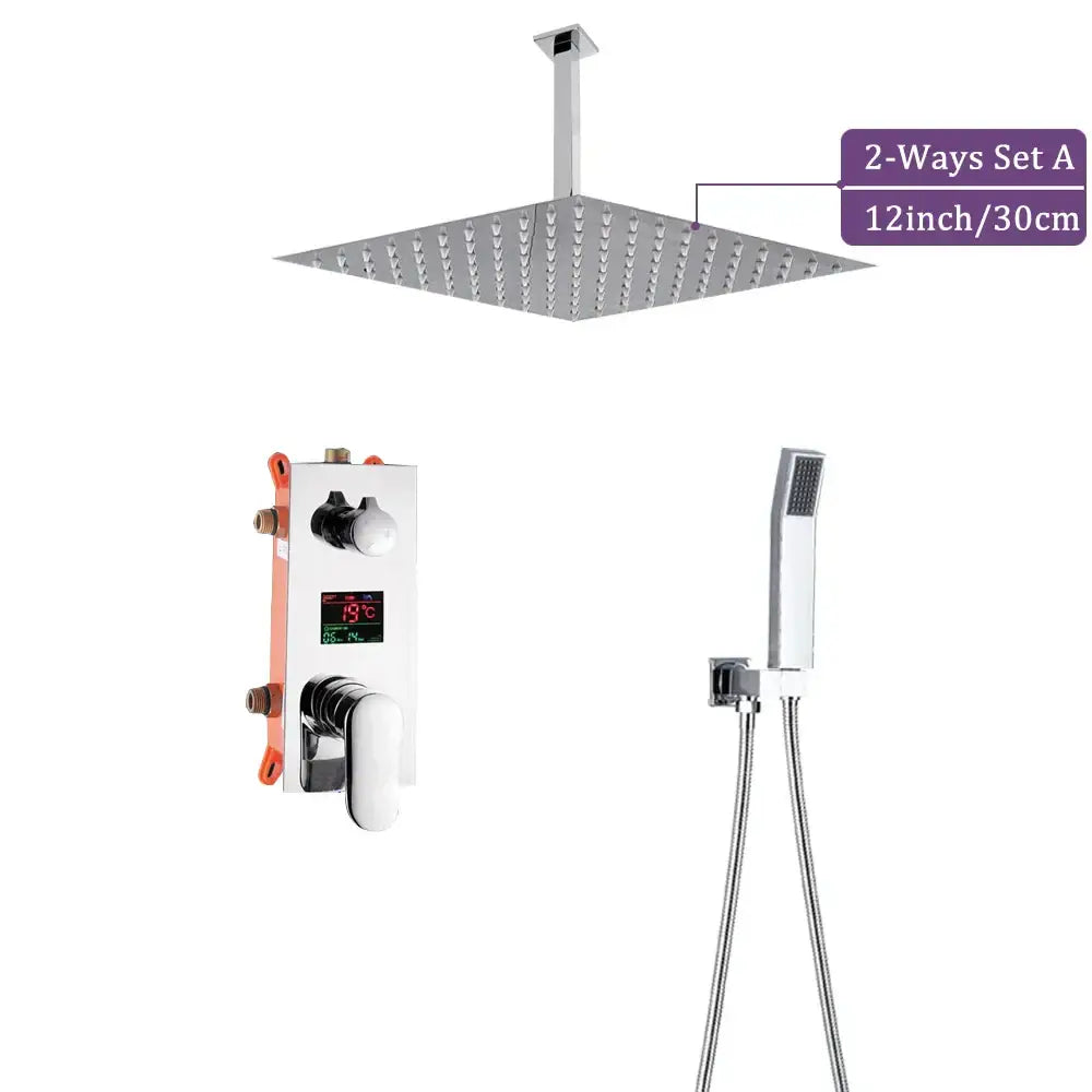 Modern chrome big rainfall shower faucet with 12-inch square rainfall shower and digital temperature display handheld attachment