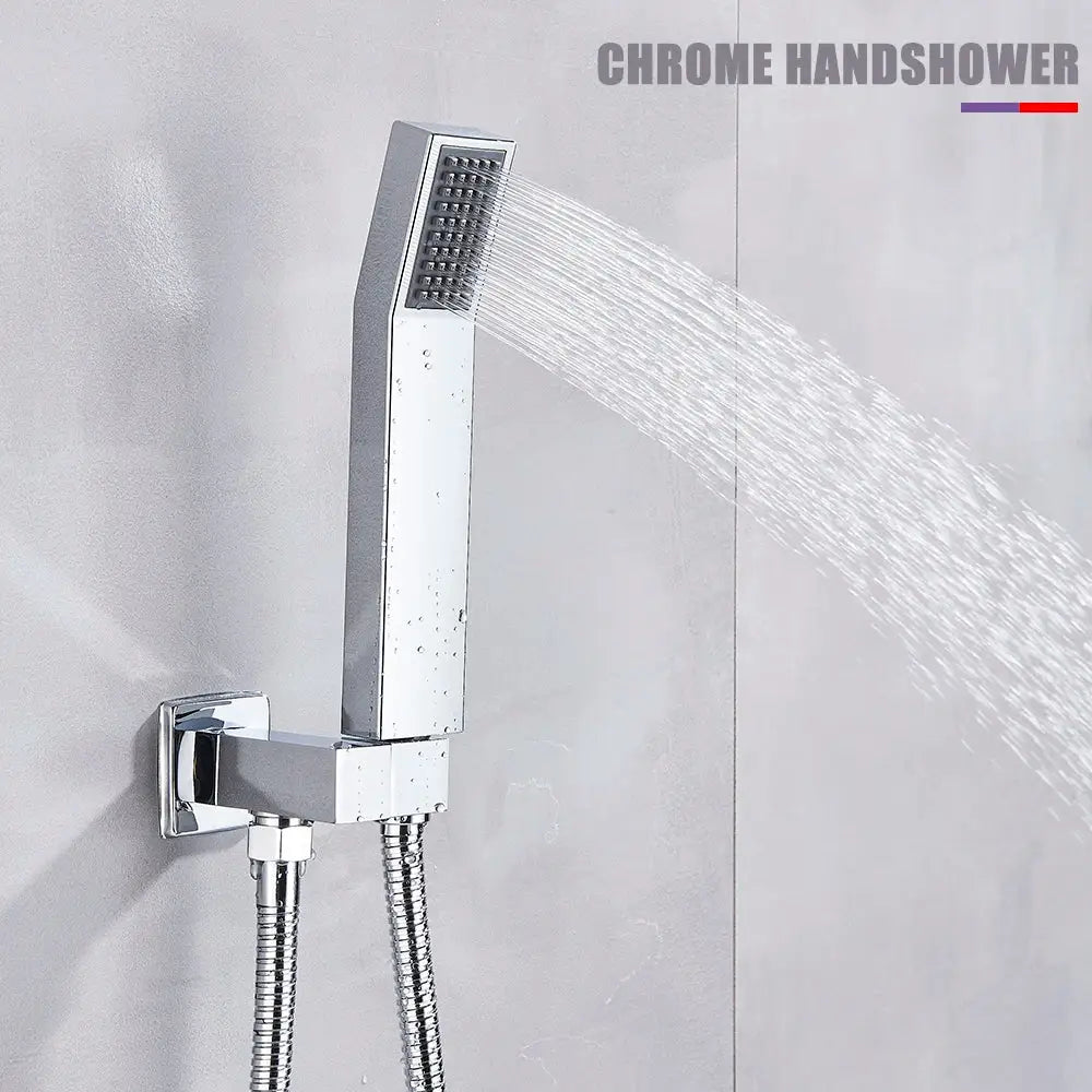 Modern chrome big rainfall shower faucet featuring a chrome-finished handheld showerhead with a grid-patterned spray face and flexible braided hose