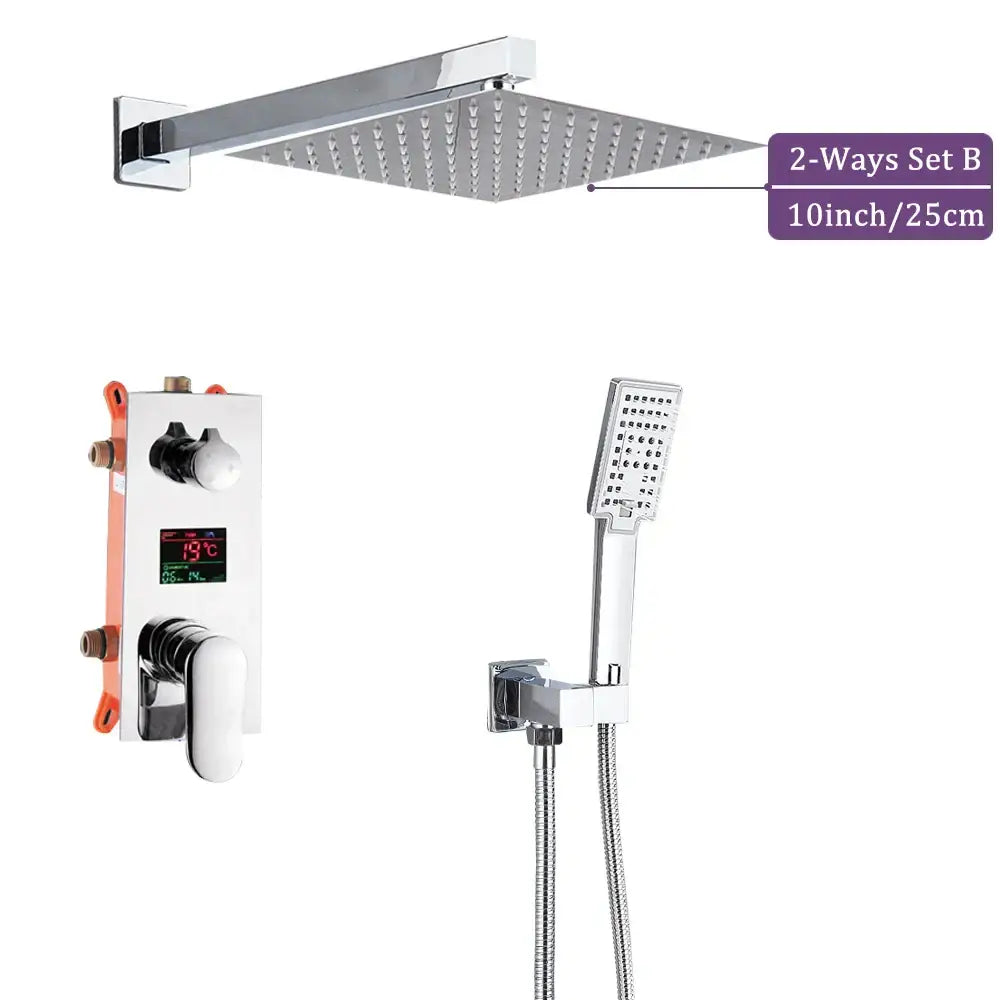 Modern chrome big rainfall shower faucet with 10 inch square rainfall showerhead handheld shower and digital control