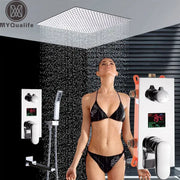 Modern chrome big rainfall shower faucet featuring a square chrome showerhead with perforated surface for rainfall shower
