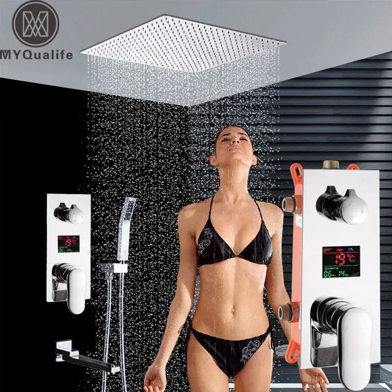 Modern chrome big rainfall shower faucet featuring a square chrome showerhead with perforated surface for rainfall shower