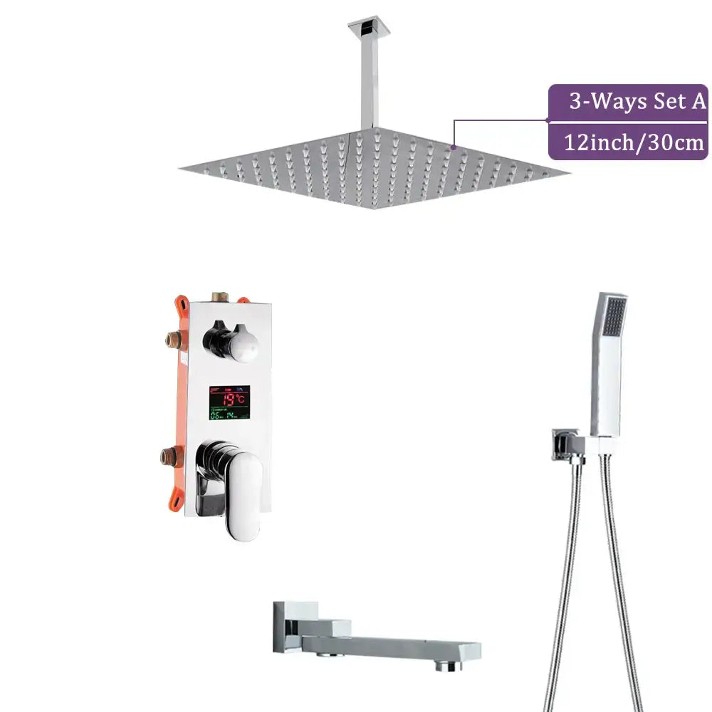Modern chrome big rainfall shower faucet with digital display featuring a square rainhead handheld sprayer and 3-way shower faucet