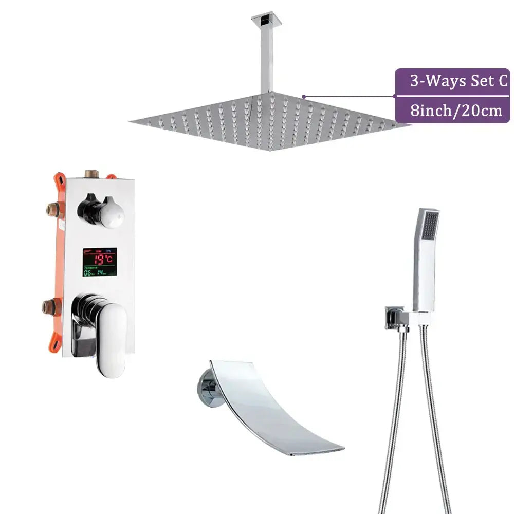 Modern chrome 8-inch square big rainfall shower faucet with sleek grid design and digital display for bathroom use