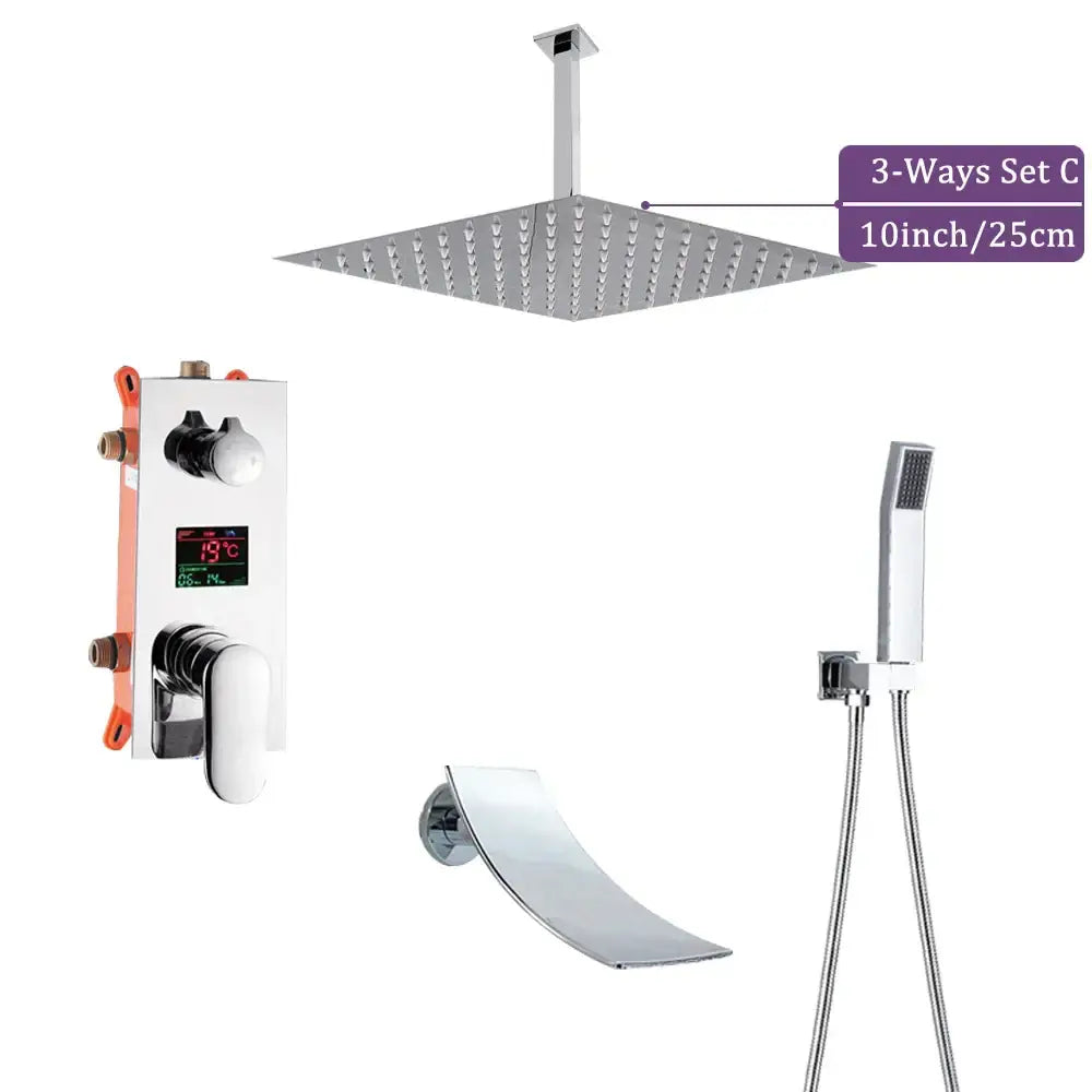 Modern chrome big rainfall shower faucet with 10-inch square rainfall showerhead and digital temperature display