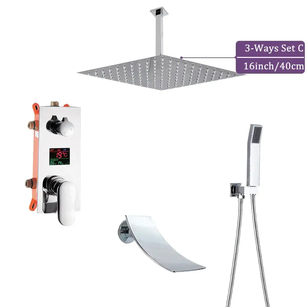 Modern chrome big rainfall shower faucet with 16-inch square rainfall showerhead and multiple spray nozzles in sleek design