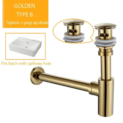 Golden brass-colored siphon drain with pop-up mechanism and white rubber seal for decorbites bathroom basin drain kit
