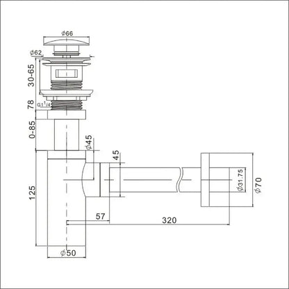 Technical drawing of modern chrome and black basin sink drain kit with chrome finish and threaded connections for decorbites bathroom basin