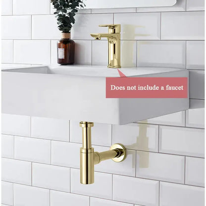 Gold-colored p-trap drain kit mounted beneath white ceramic basin sink for decorbites bathroom basin waste assembly