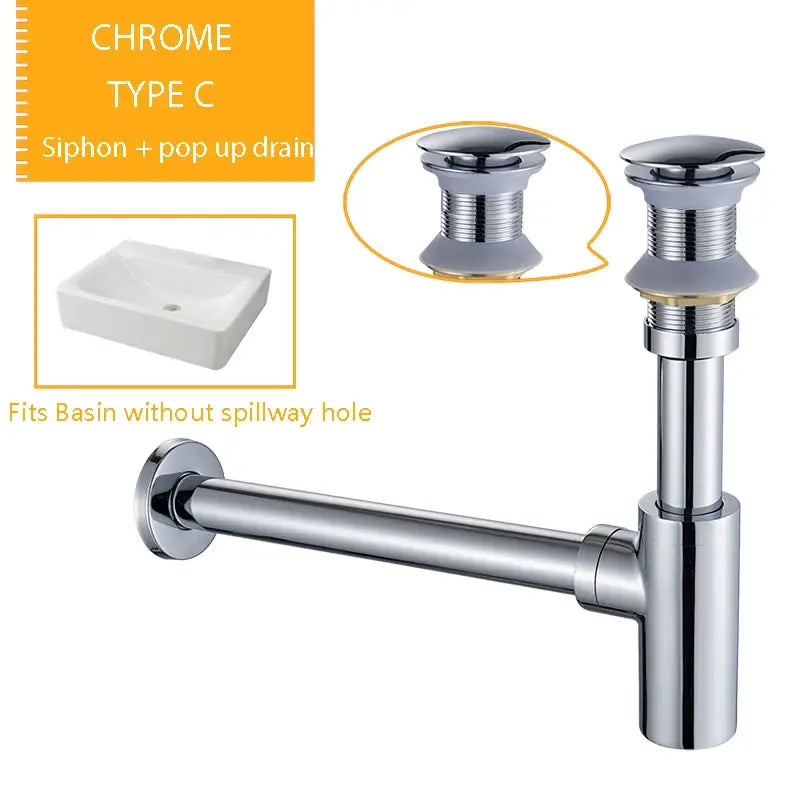 Modern chrome and black basin sink drain kit with type c siphon and pop-up mechanism for decorbites bathroom basin waste assembly