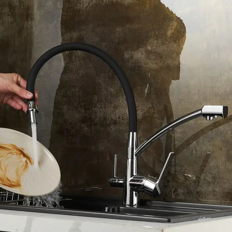 Modern chrome and black deck mounted kitchen faucet with flexible rubber hose and pull down spray head decorbites black deck