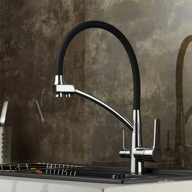 Modern chrome and black deck mounted kitchen faucet with pull down spout flexible black rubber hose and dual handles decorbites black deck